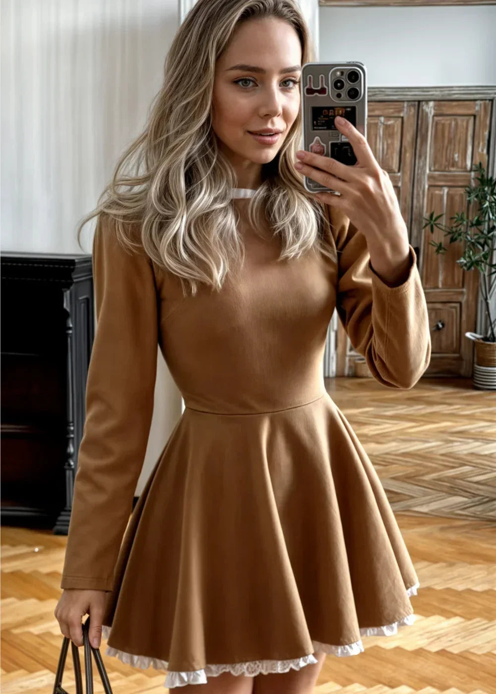 Robe courte femme avec col ruché et manches longues | Coupe féminine + Style élégant + Facile à accessoiriser – ROBEMODE
