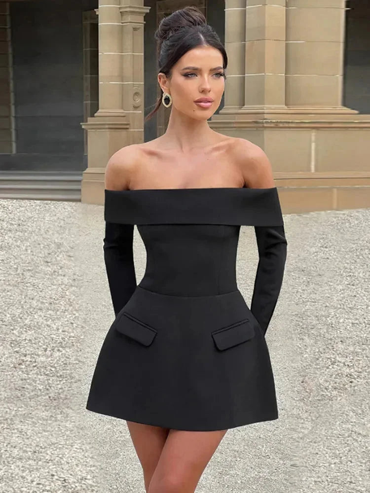 Robe Courte Soirée Épaules Dénudées avec Poches | 2 Coloris + Chic + Pratique S-L | ROBEMODE
