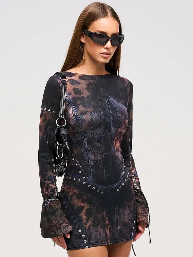 Robe Courte Femme Imprimé Abstrait Cloutée Manches Longues Soirée | ROBEMODE
