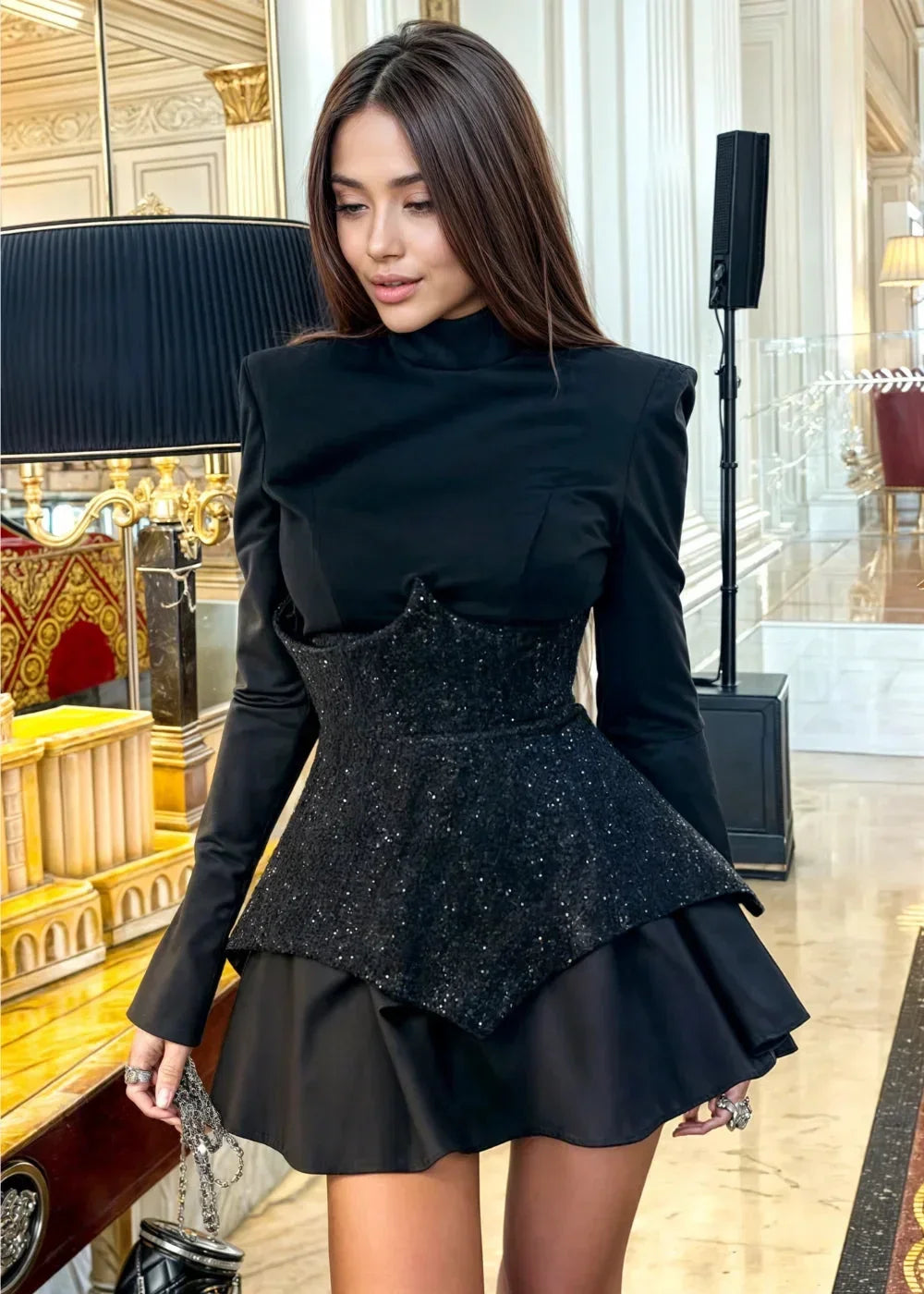 Robe Courte Noire Paillettes Manches Longues Soirée | ROBEMODE