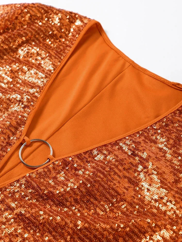 Robe Courte Pailletée Col Plongeant Manches Évasées | Scintillante Soirée Clubbing | ROBEMODE