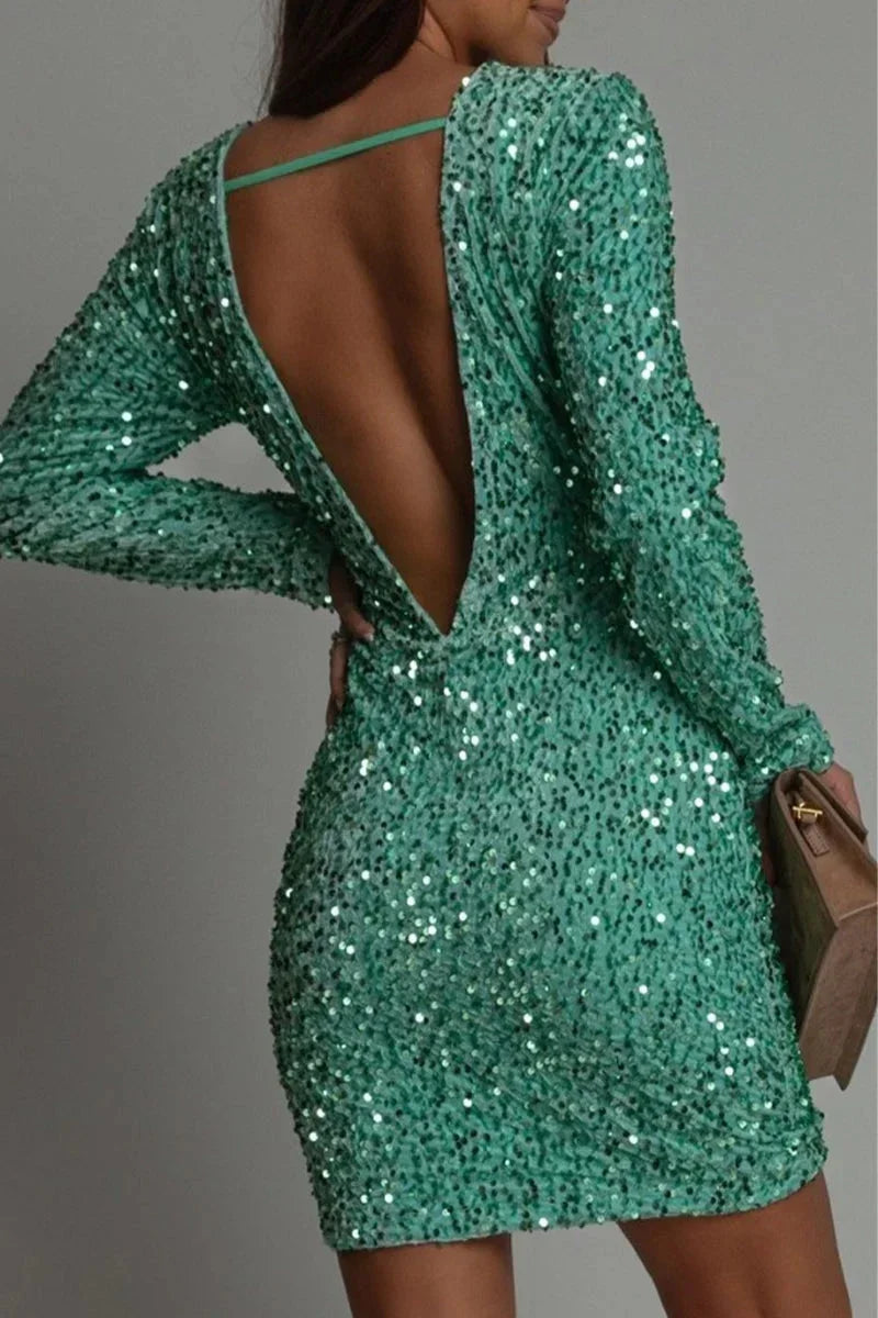 Robe Courte Femme Sequins Dos Nu Manches Longues Soirée | ROBEMODE
