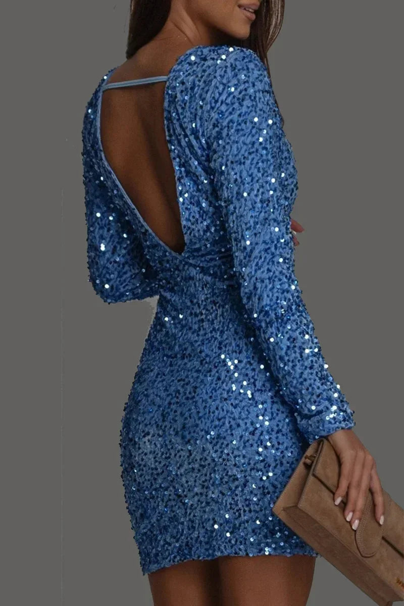 Robe Courte Femme Sequins Dos Nu Manches Longues Soirée | ROBEMODE