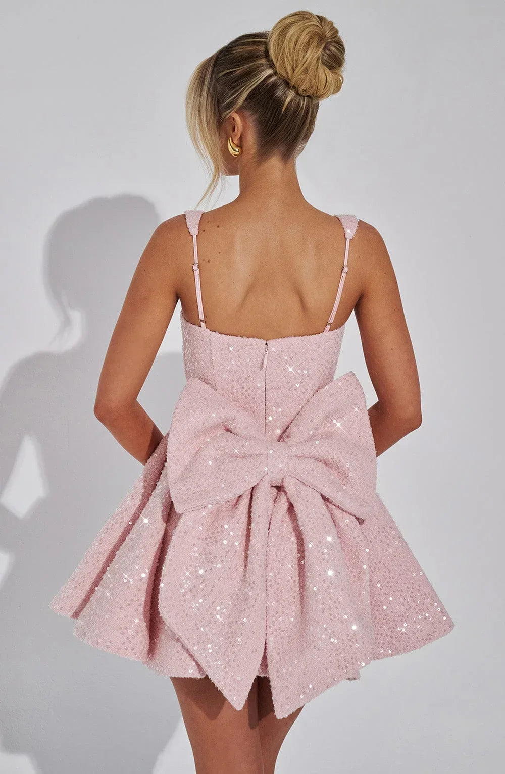 Robe Courte Pailletée Fit and Flare Bretelles Nœud | Soirée Clubbing Rose Blanc | ROBEMODE