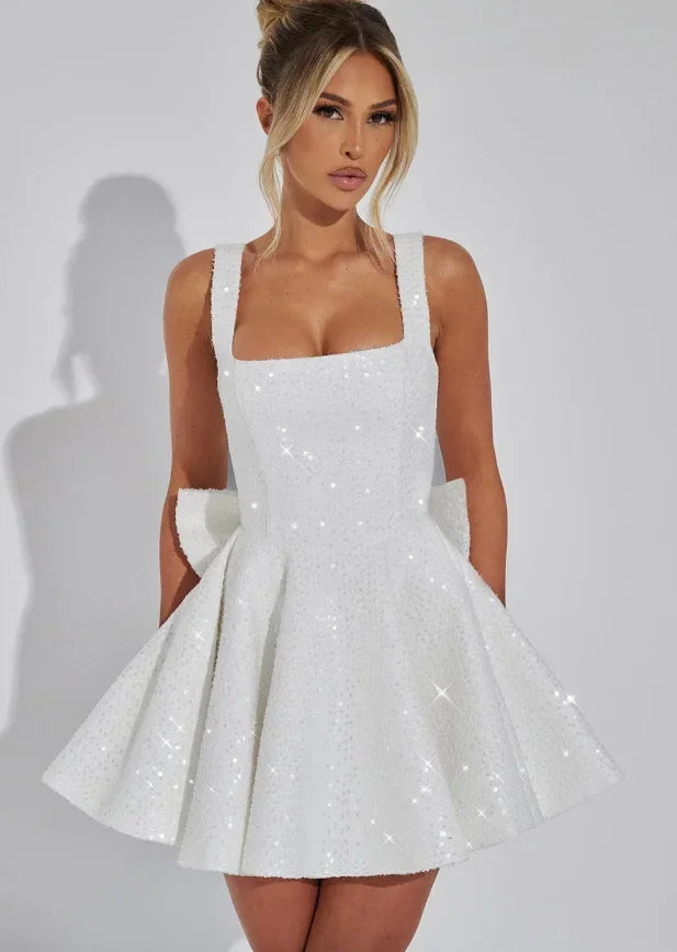 Robe Courte Pailletée Fit and Flare Bretelles Nœud | Soirée Clubbing Rose Blanc | ROBEMODE
