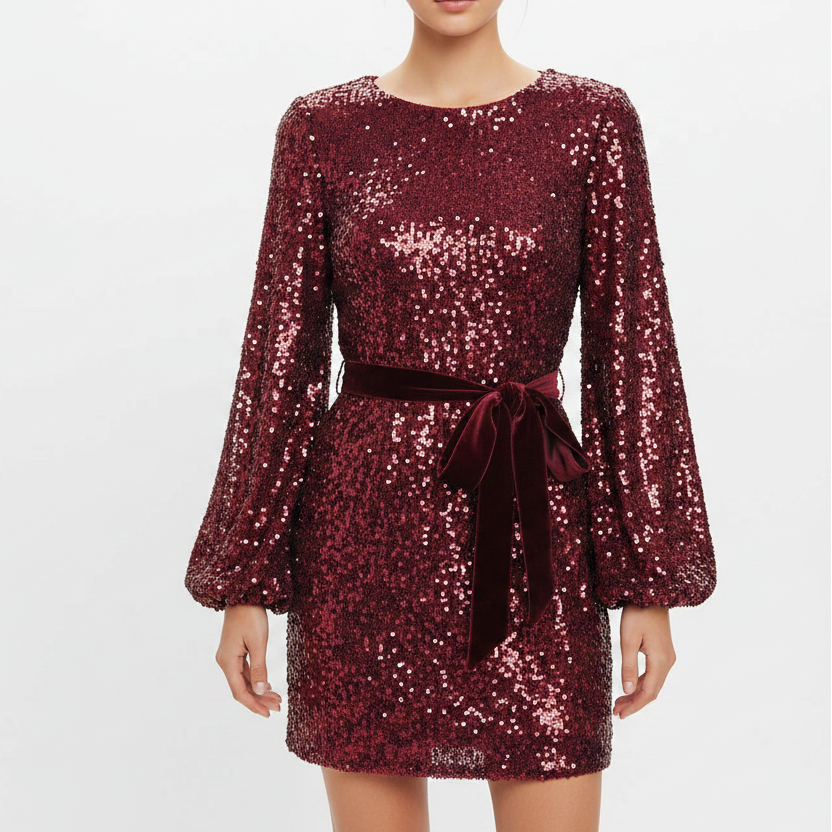 Robe courte femme pailletée avec manches ballon et ceinture | ROBEMODE