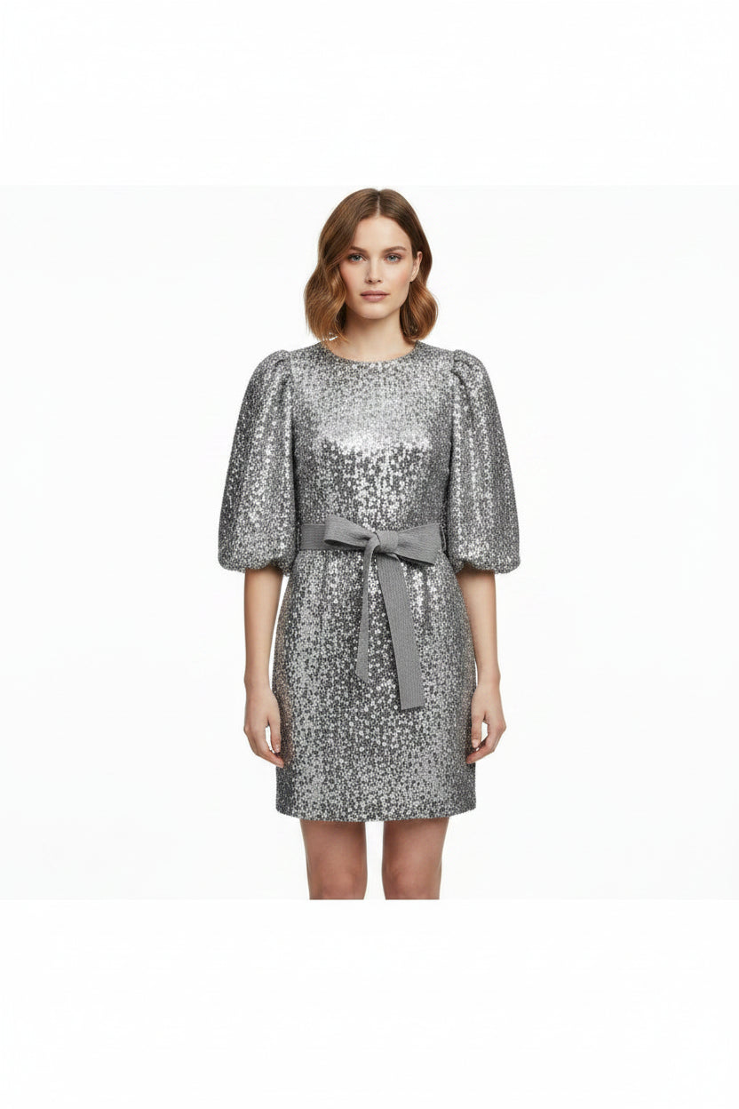 Robe courte femme pailletée avec manches ballon et ceinture | ROBEMODE