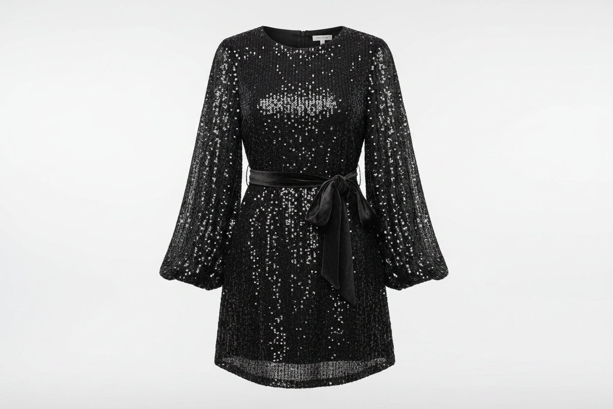 Robe courte femme pailletée avec manches ballon et ceinture | ROBEMODE