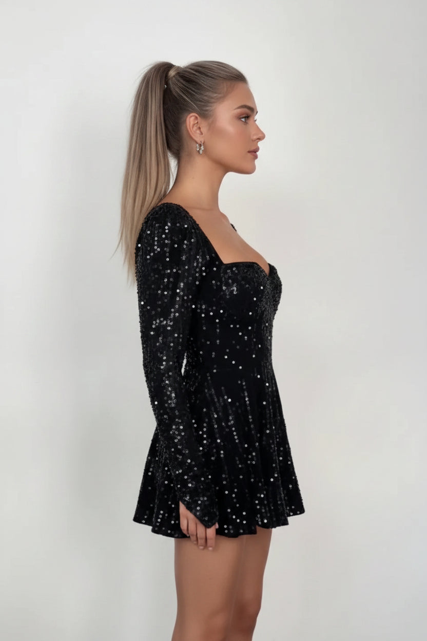 Robe courte femme noire pailletée manches longues col cœur | ROBEMODE