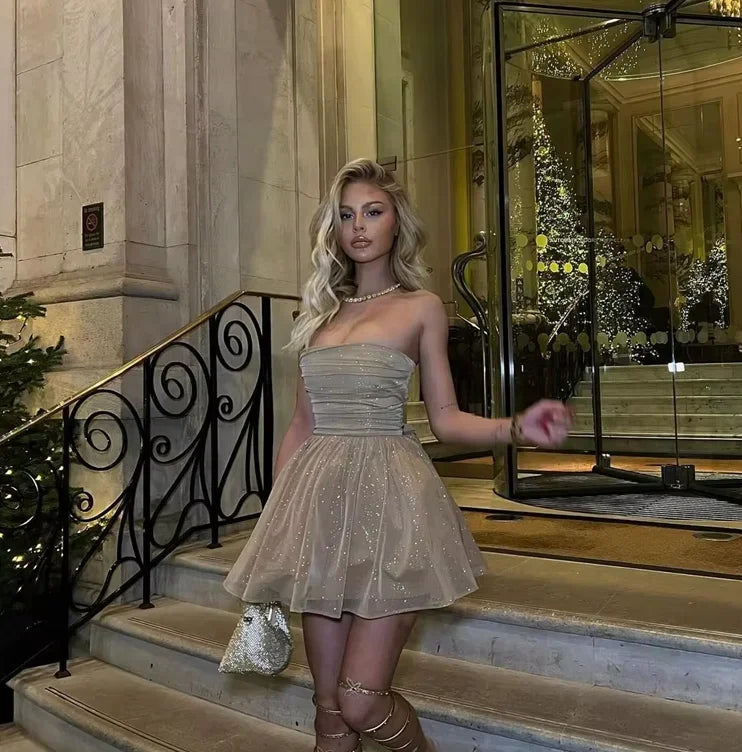Robe Courte Pailletée Bustier Plissée Soirée 4 Coloris | ROBEMODE