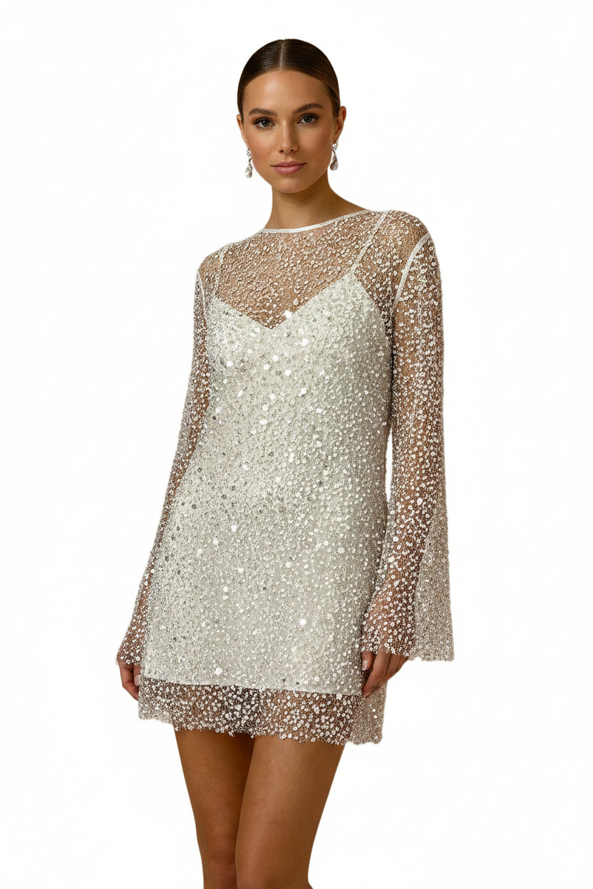 Robe Courte Sequins Manches Longues Soirée 2 Coloris | ROBEMODE