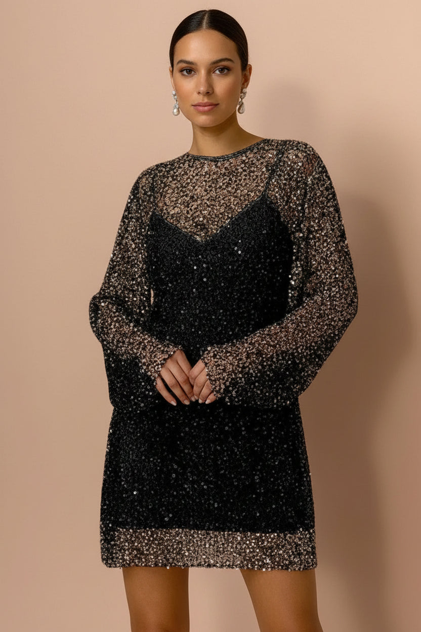 Robe Courte Sequins Manches Longues Soirée 2 Coloris | ROBEMODE