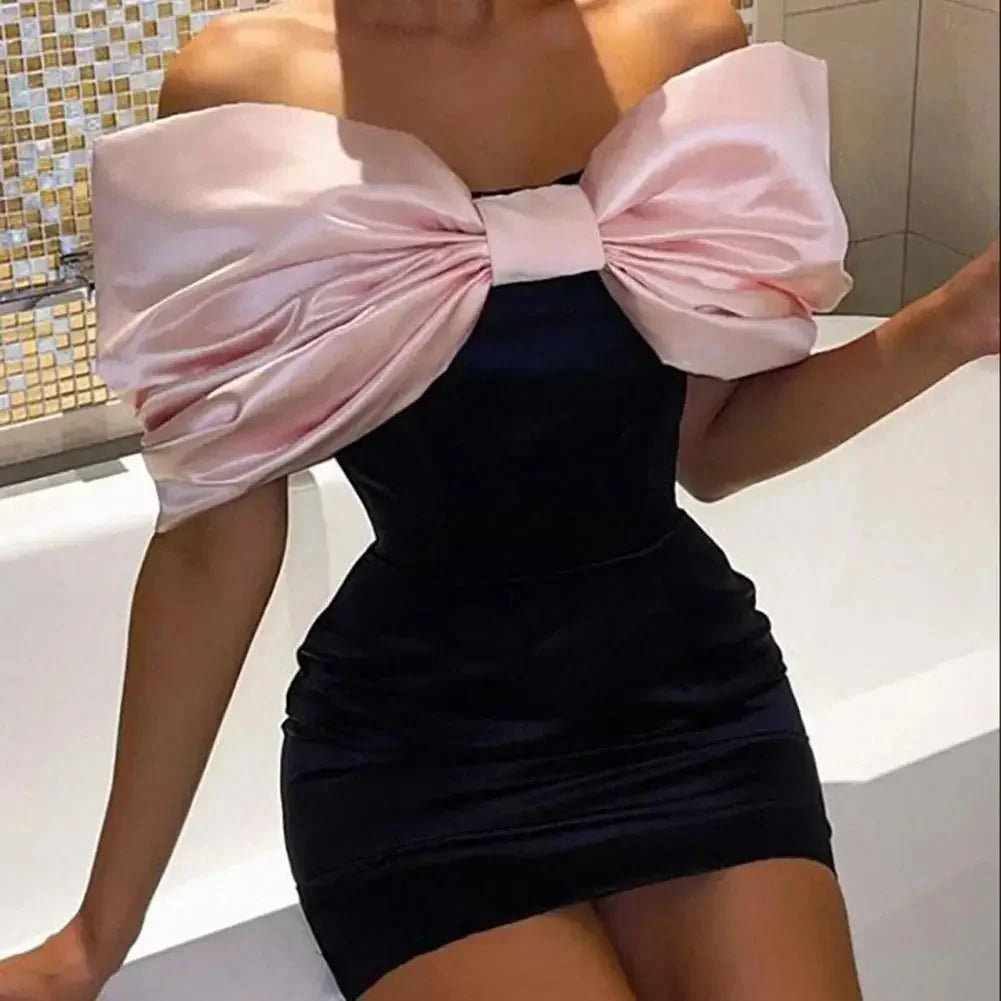 Robe Courte Épaules Dénudées Grand Nœud Décoratif 2 Coloris | ROBEMODE