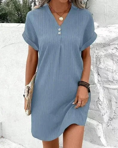 Robe courte femme encolure V plissée été boutons | ROBEMODE