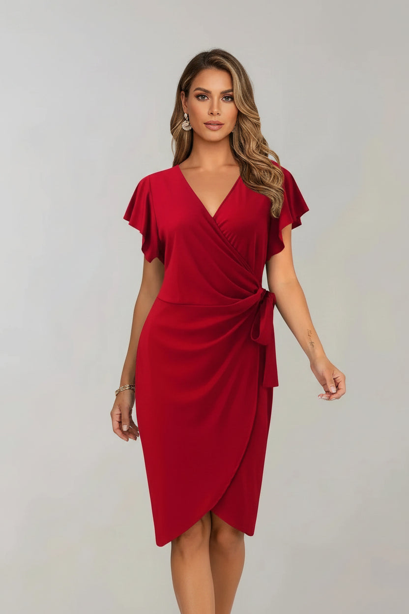 Robe Courte Portefeuille Col V Nœud Manches Courtes 5 Coloris | ROBEMODE