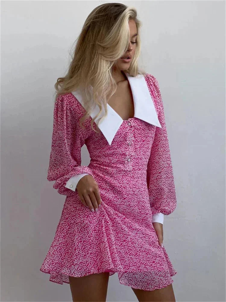 Robe courte rose à manches bouffantes col blanc | Coupe féminine + Style élégant + Facile à accessoiriser – ROBEMODE