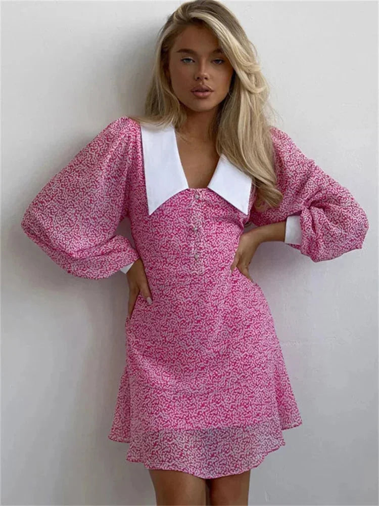 Robe courte rose à manches bouffantes col blanc | Coupe féminine + Style élégant + Facile à accessoiriser – ROBEMODE