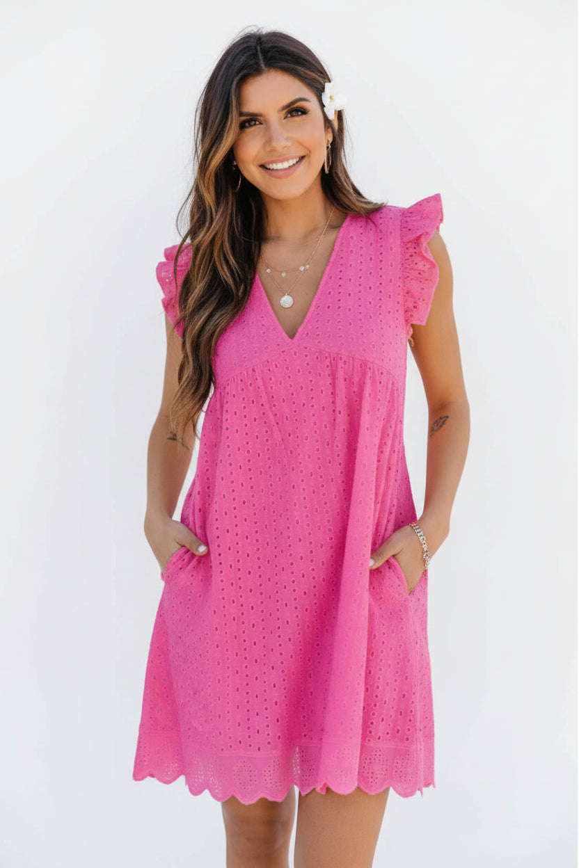 Robe courte femme sans manches en dentelle avec poches | ROBEMODE