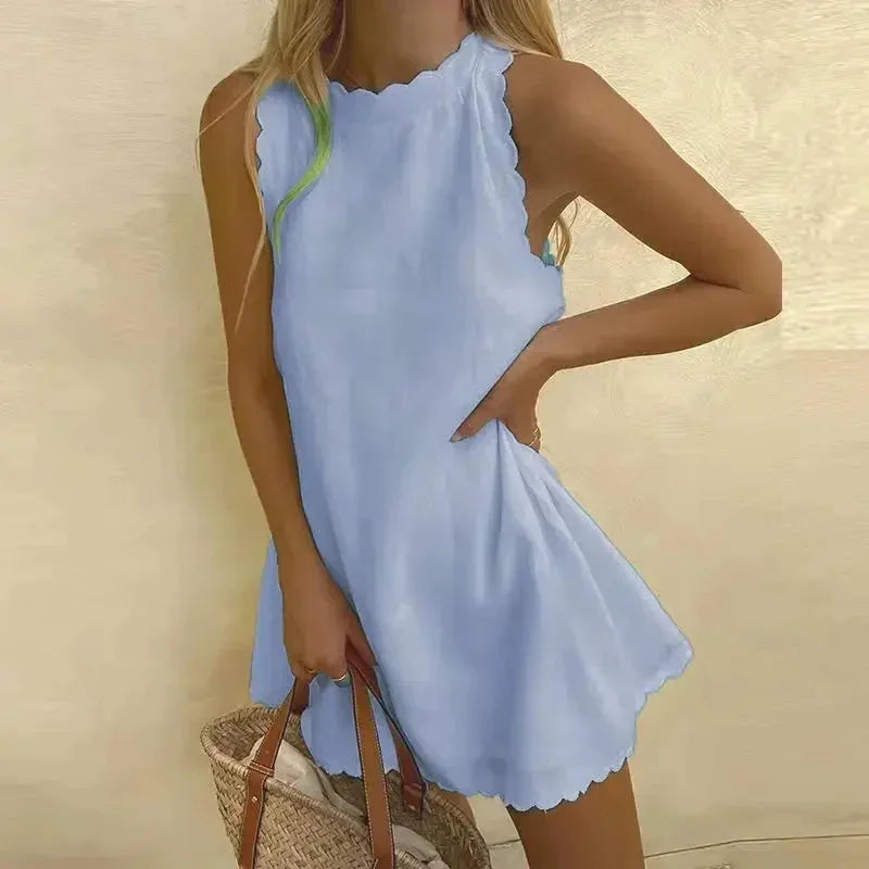 Robe Courte Femme Sans Manches Ourlet Festonné Été Plage | ROBEMODE