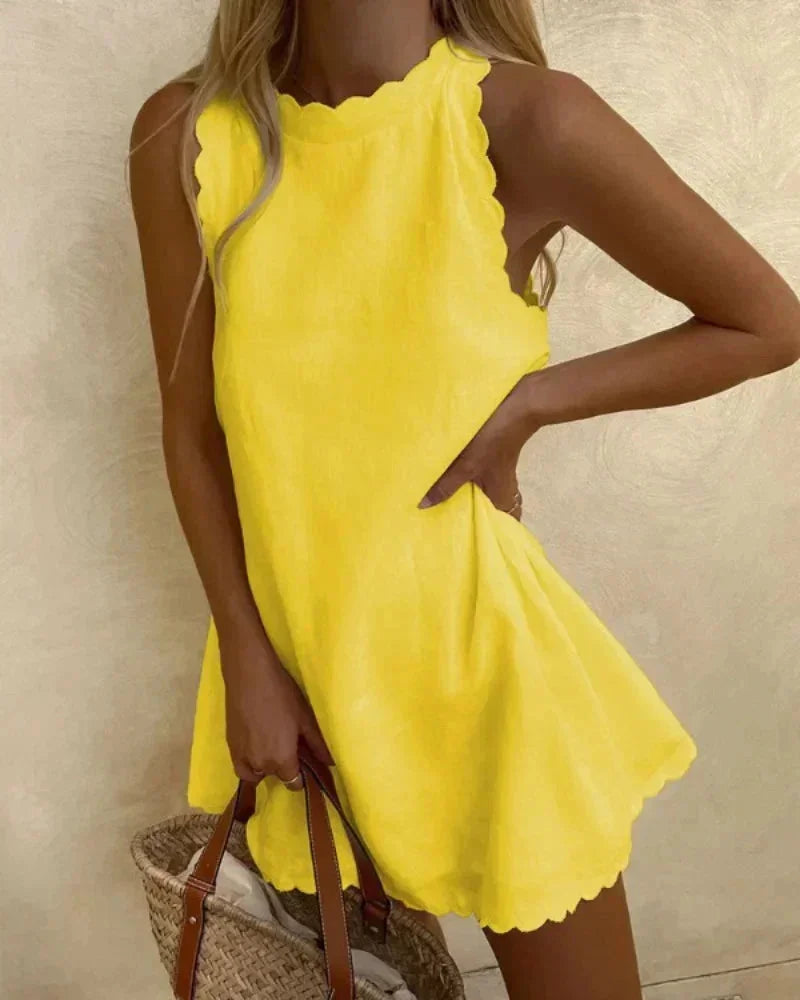 Robe Courte Femme Sans Manches Ourlet Festonné Été Plage | ROBEMODE