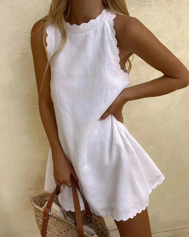 Robe Courte Femme Sans Manches Ourlet Festonné Été Plage | ROBEMODE