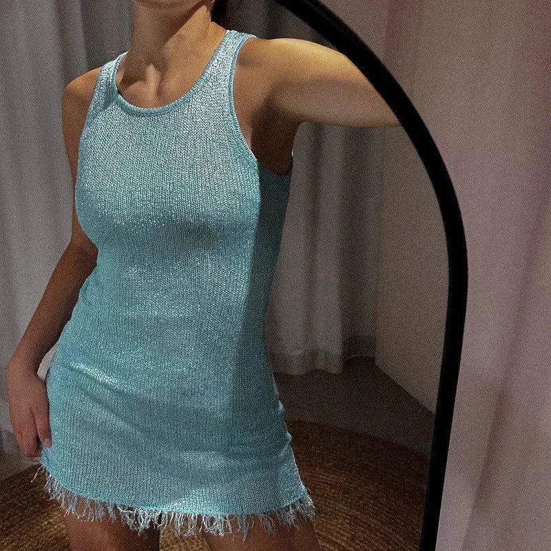 Robe courte femme bleue à paillettes avec franges
