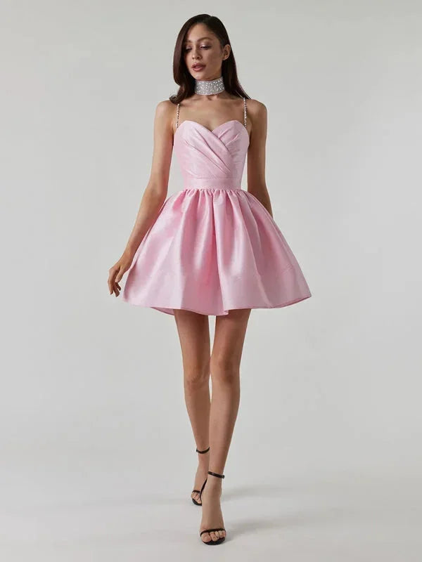 Robe Courte Satinée Bretelles Strass Col Cœur Soirée 3 Coloris | ROBEMODE