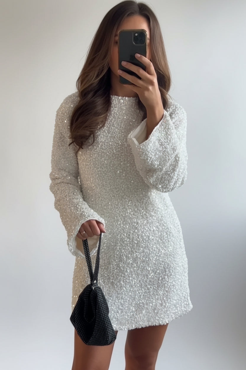 Robe courte femme blanche scintillante manches longues soirée | Coupe féminine + Style élégant + Facile à accessoiriser – ROBEMODE
