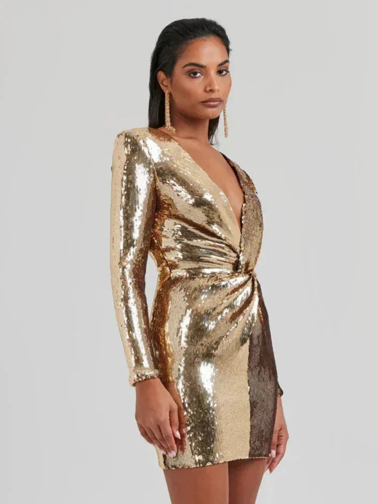 Robe Courte Femme Sequins Dorés Col V Drapé Soirée | ROBEMODE