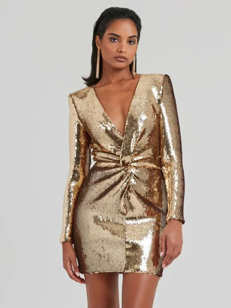 Robe Courte Femme Sequins Dorés Col V Drapé Soirée | ROBEMODE