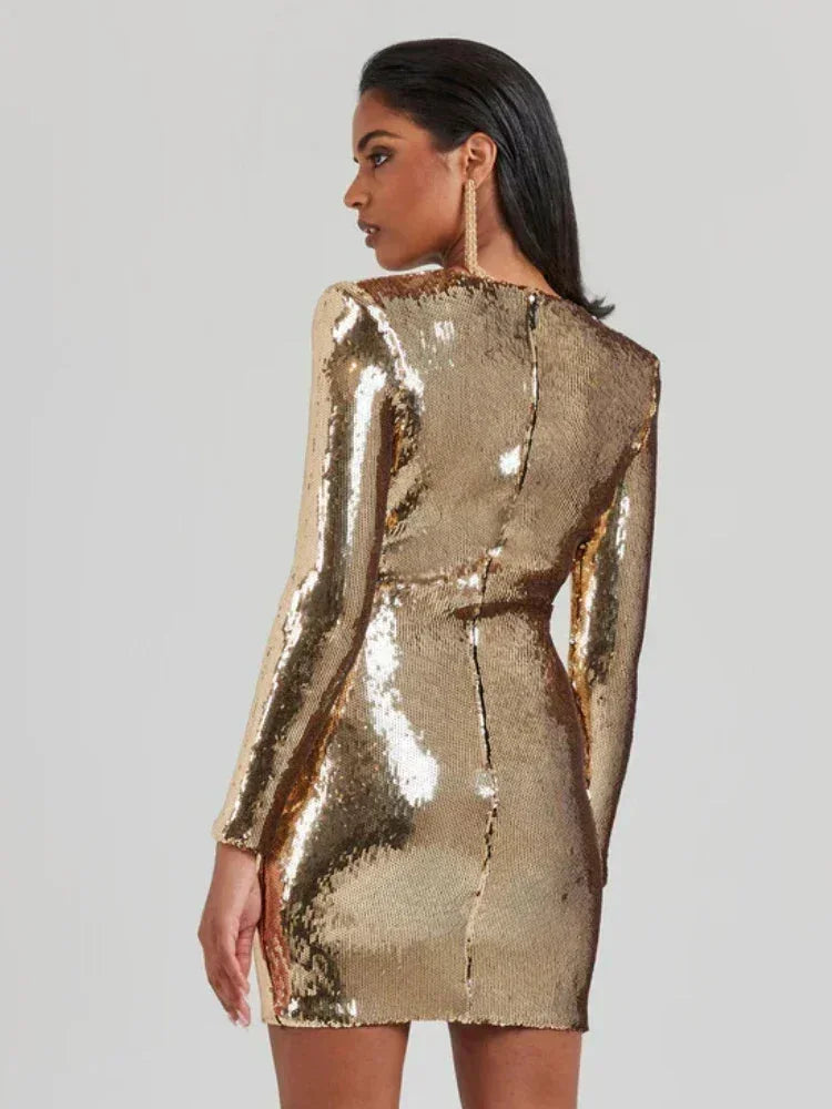 Robe Courte Femme Sequins Dorés Col V Drapé Soirée | ROBEMODE