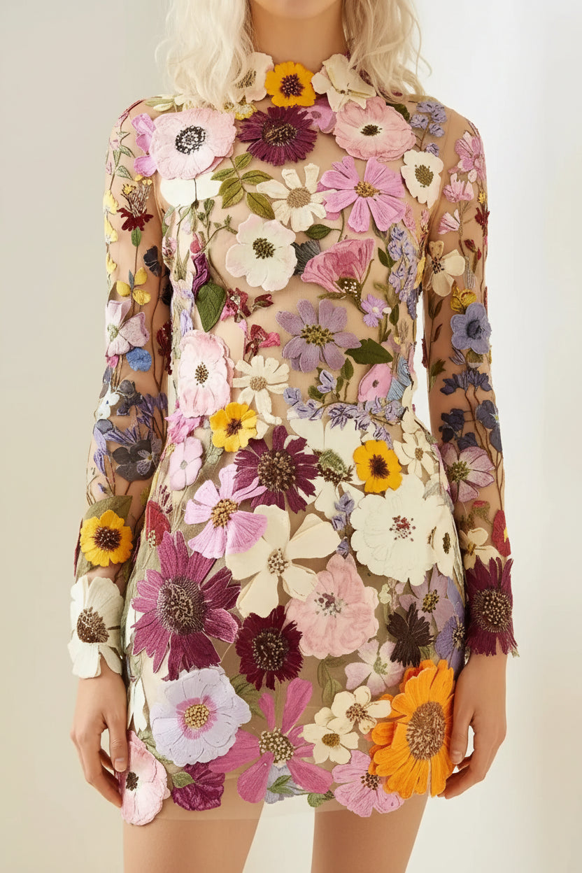 Robe Courte Transparente Florale Femme Manches Longues Soirée | ROBEMODE