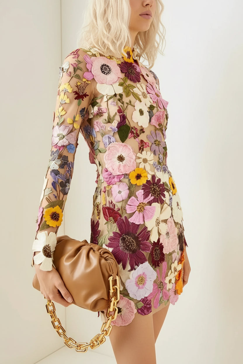 Robe Courte Transparente Florale Femme Manches Longues Soirée | ROBEMODE