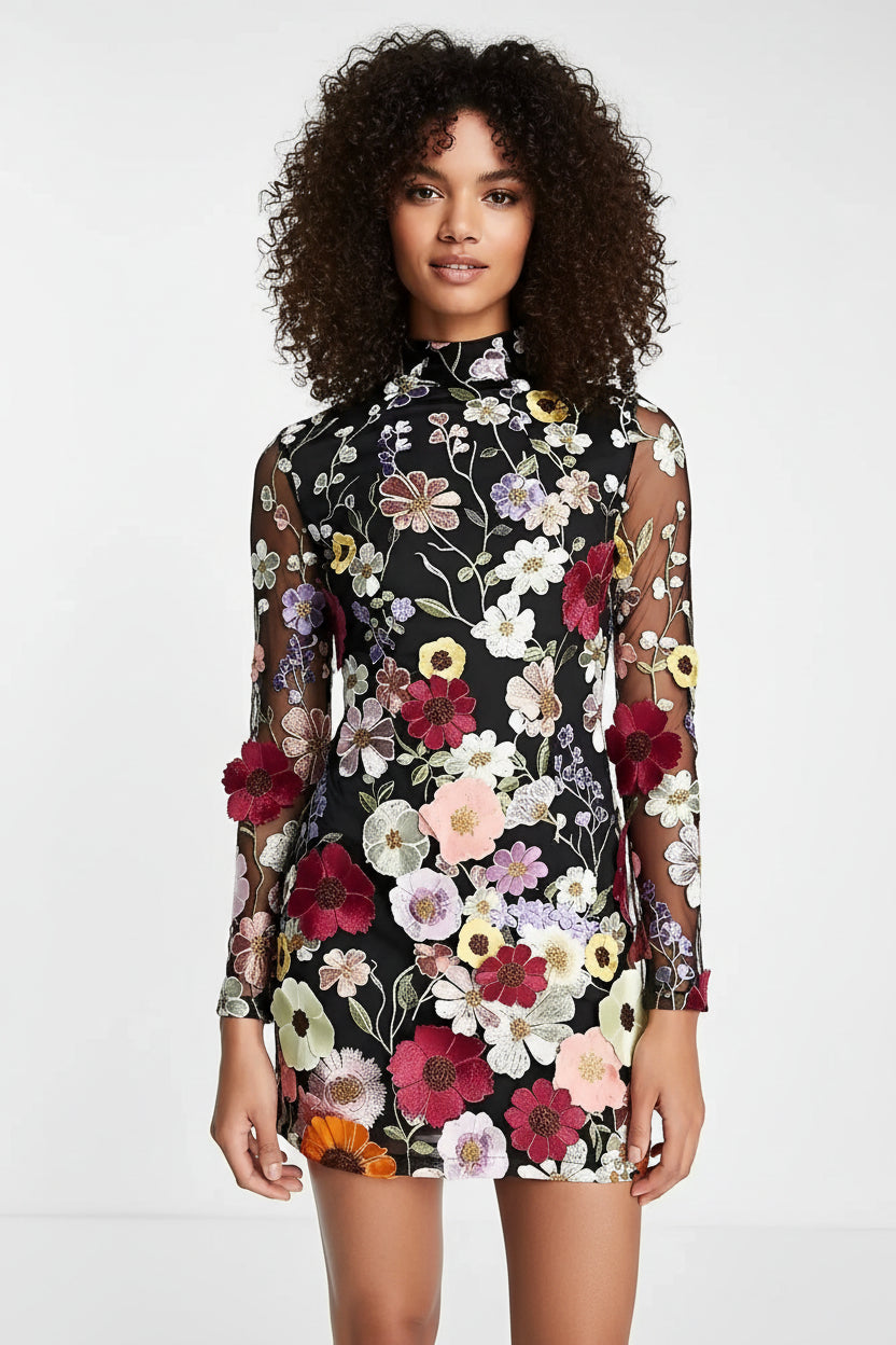 Robe Courte Transparente Florale Femme Manches Longues Soirée | ROBEMODE