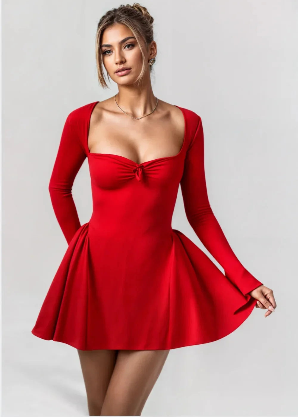 Robe Courte Évasée Femme Manches Longues | Rouge ou Noir + Décolleté Élégant + S-L | ROBEMODE