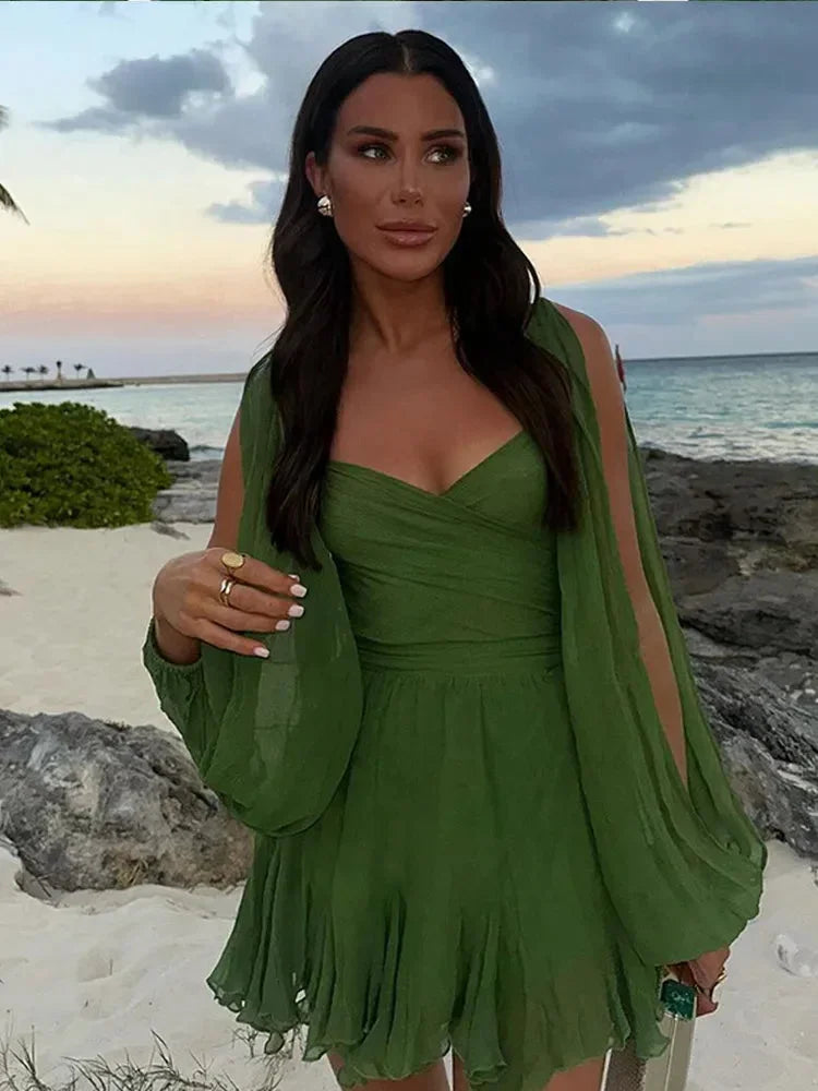 Robe courte verte avec manches bouffantes pour soirée | Coupe féminine + Style élégant + Facile à accessoiriser – ROBEMODE