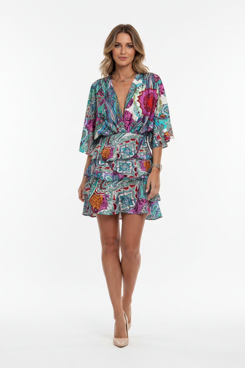 Robe Courte Femme Volants Imprimé Manches Amples 7 Coloris | ROBEMODE
