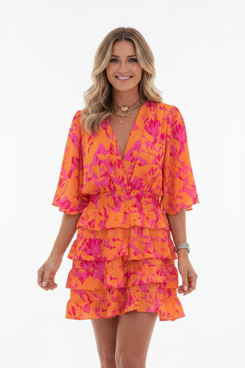 Robe Courte Femme Volants Imprimé Manches Amples 7 Coloris | ROBEMODE
