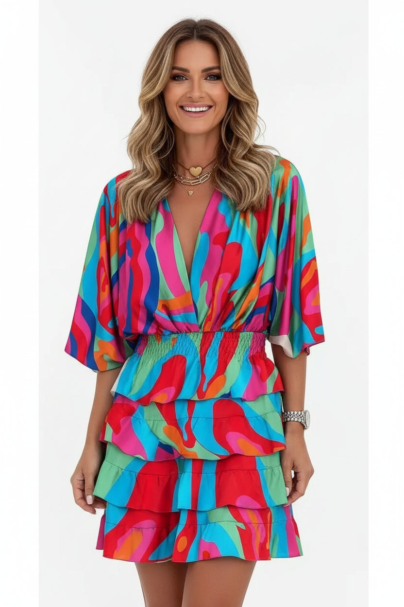 Robe Courte Femme Volants Imprimé Manches Amples 7 Coloris | ROBEMODE
