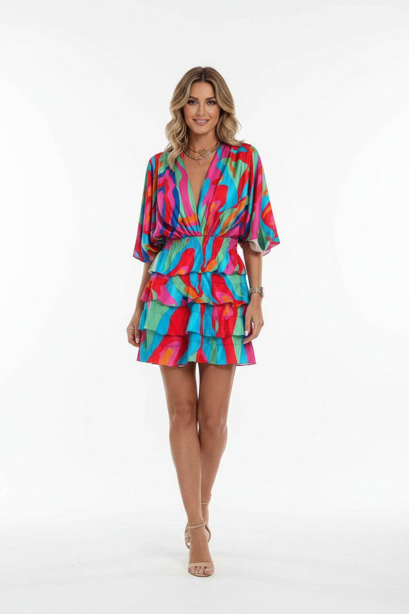 Robe Courte Femme Volants Imprimé Manches Amples 7 Coloris | ROBEMODE