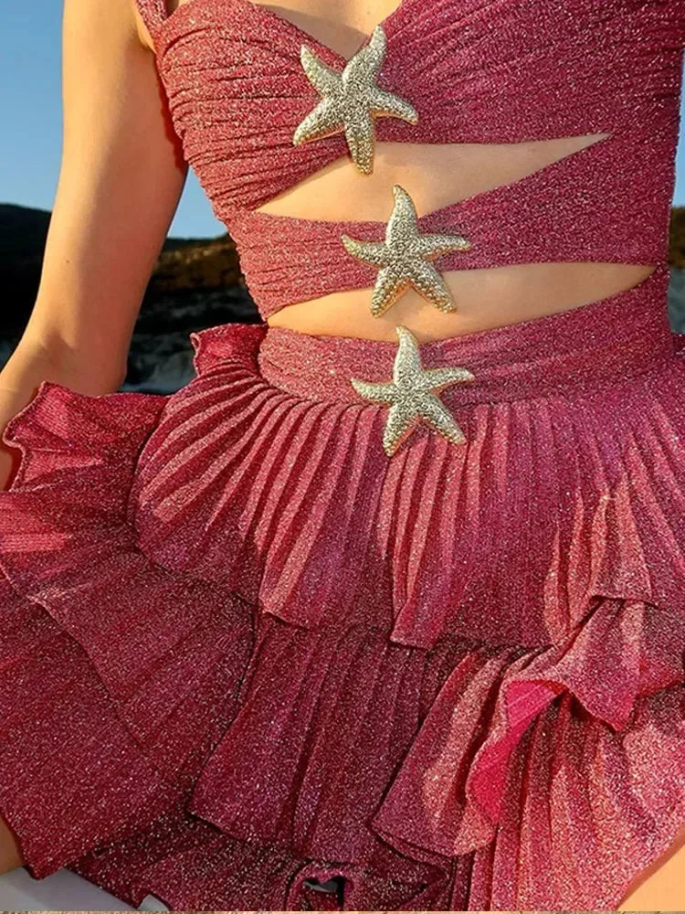 Robe Courte Rose à Volants Motif Étoiles Plage 1 Coloris | ROBEMODE
