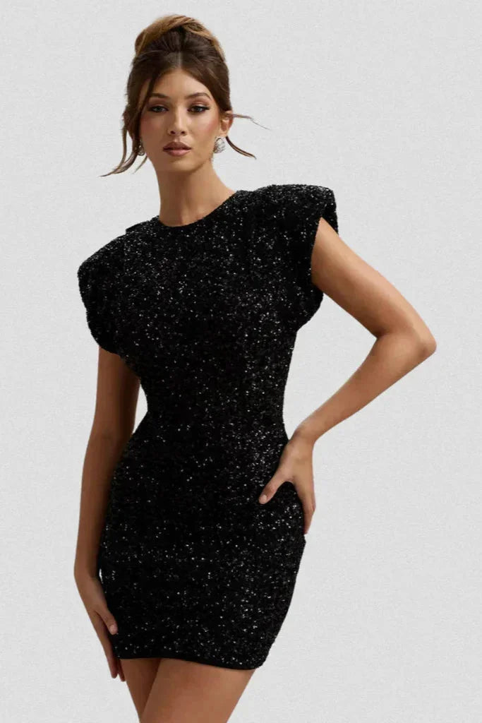 Robe moulante femme pailletée avec épaulettes soirée | ROBEMODE