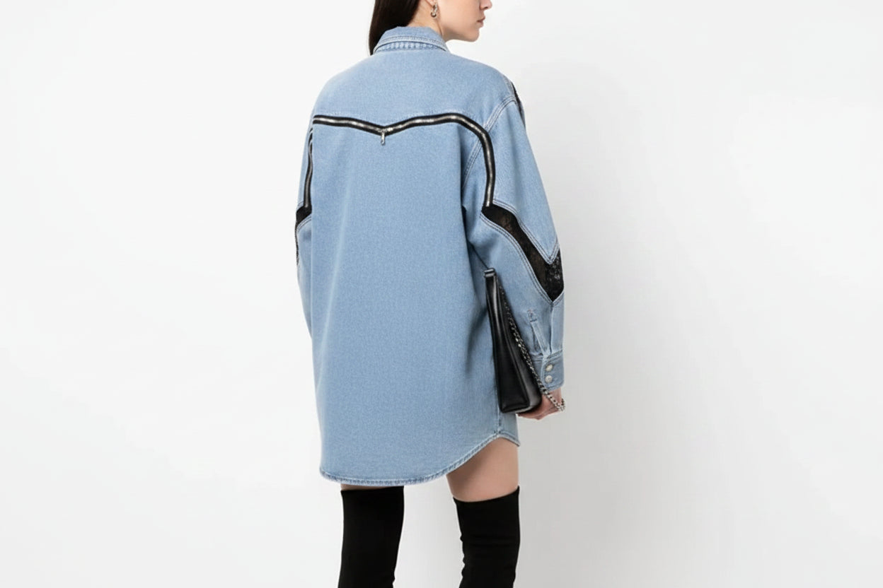 Robe chemise denim bleu oversized manches longues