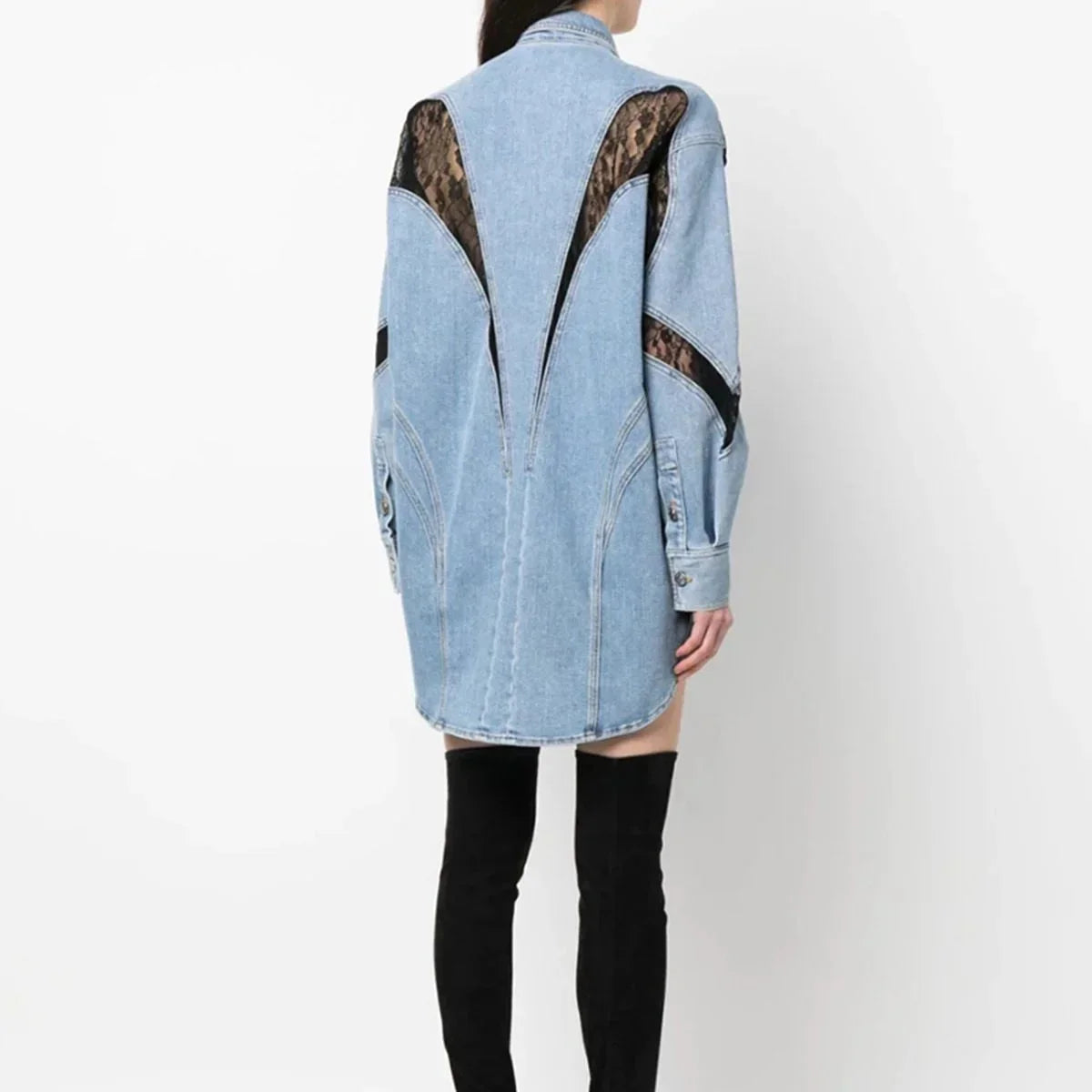 Robe chemise denim bleu oversized manches longues