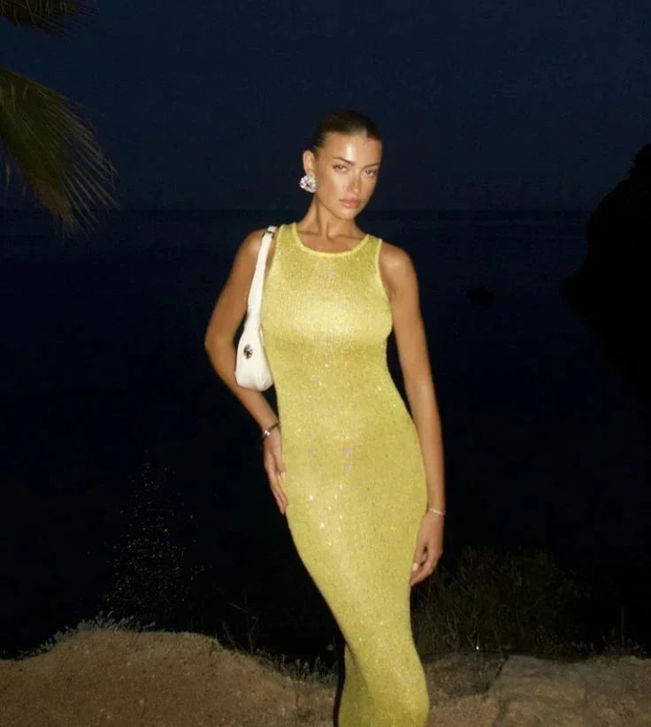 Robe longue femme scintillante ajustée sans manches soirée