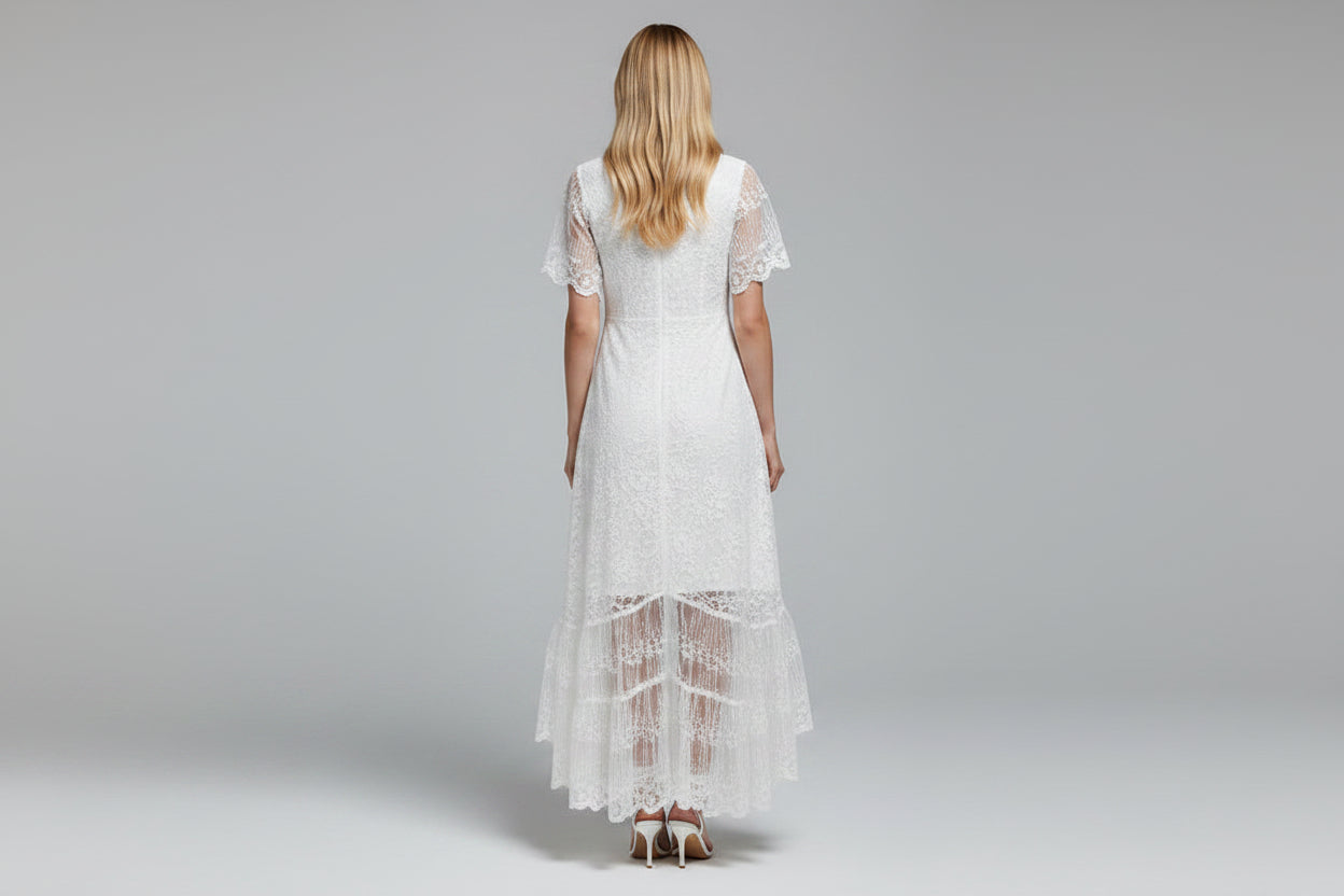 Robe Été Blanche Dentelle Coupe Haute-Basse Col V 1 Coloris | ROBEMODE