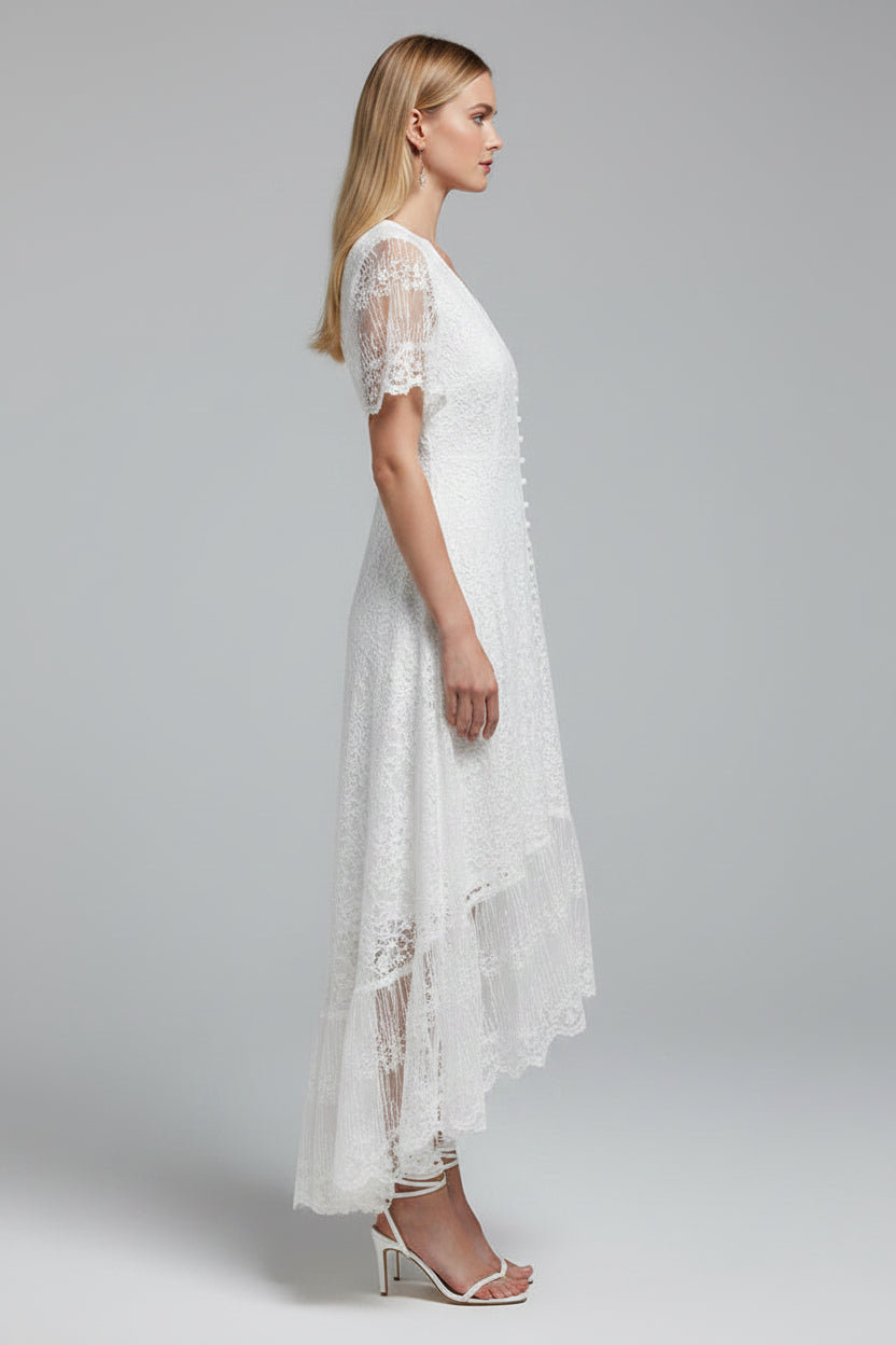 Robe Été Blanche Dentelle Coupe Haute-Basse Col V 1 Coloris | ROBEMODE