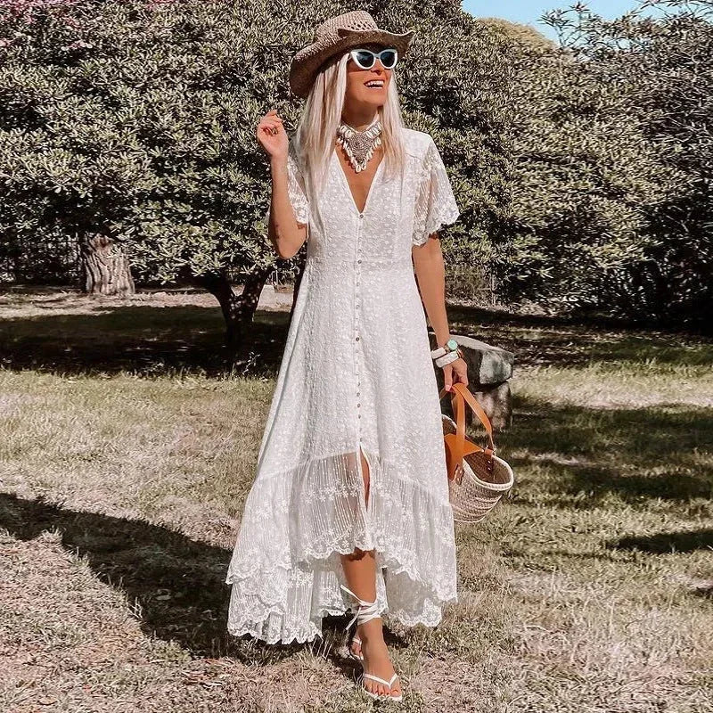 Robe Été Blanche Dentelle Coupe Haute-Basse Col V 1 Coloris | ROBEMODE